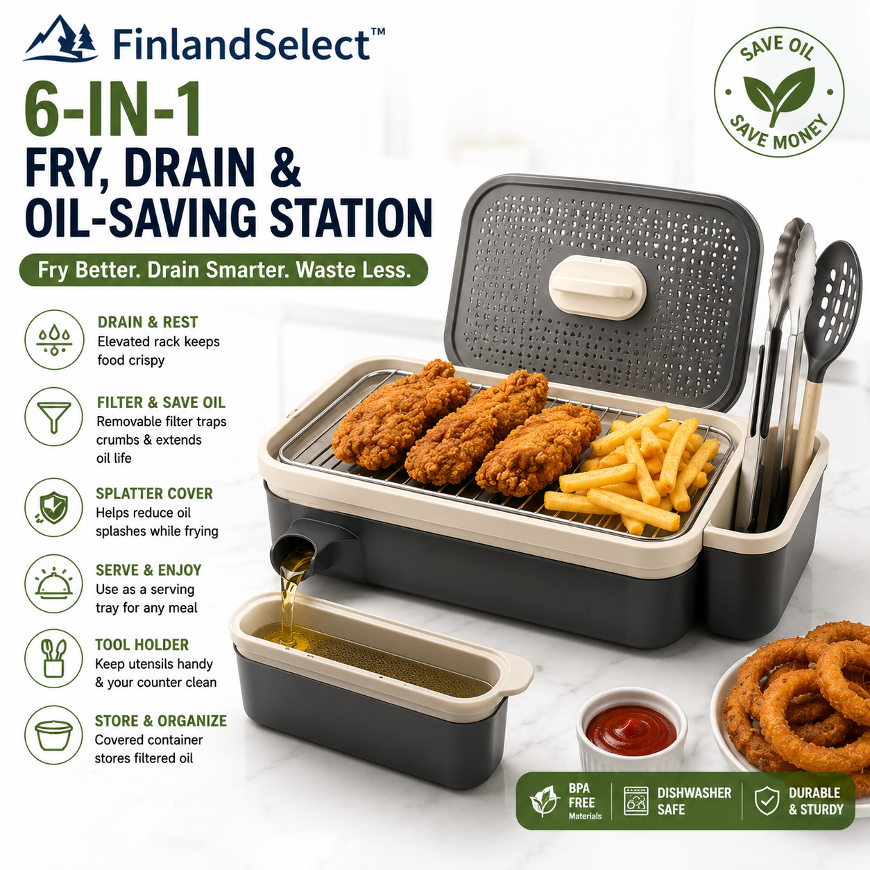 FinlandSelect™ 6-in-1 Fry, Drain & Oil-Saving Station